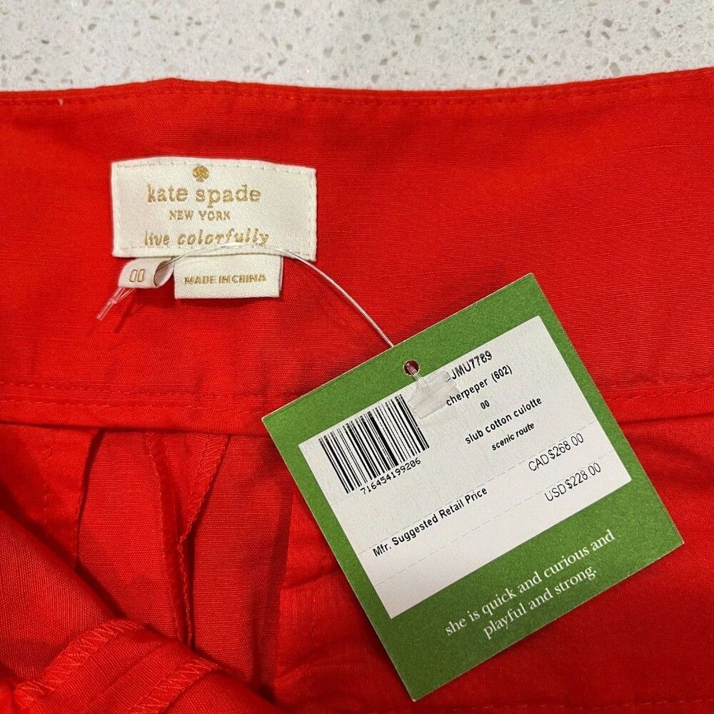 Kate Spade Slub Cotton Bow Tie Waist Culotte Pants Red Size 00 NWT - Picture 2 of 12